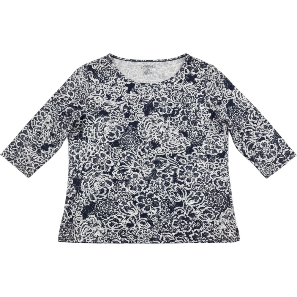 Chico's Top Size 2 The Ultimate Tee Navy Blue White Floral Cotton 3/4 Sleeve